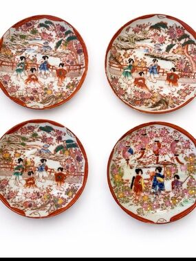 Vintage Japanese Geisha Plates Set of 4 Moriage Painted Decor